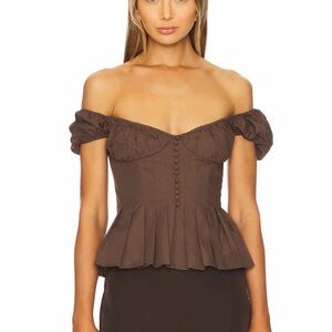 Bardot Chocolate Brown Off-Shoulder Peplum Button Front Top